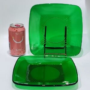 (2) 1950s Charm 8 1/4" Green Glass Square Luncheon Plates by Anchor Hocking